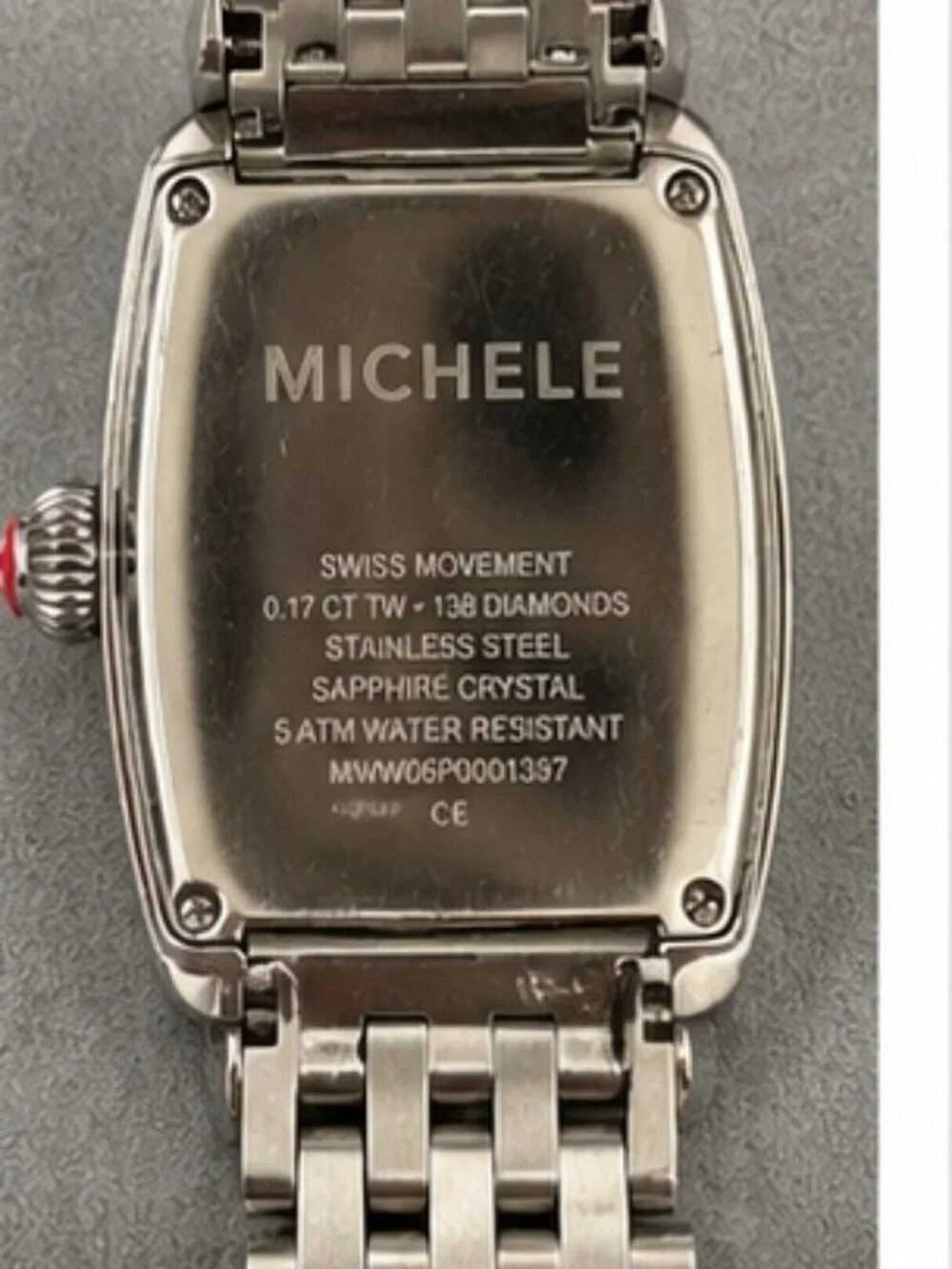 MICHELE Diamond Deco Watch Stainless Steel Swiss w/Box & Extra Links